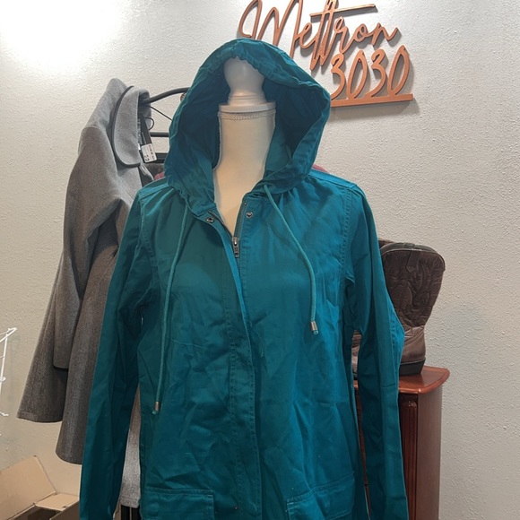 NWOT Woman Within Zip Snap Front Hoodie Jacket 14/16 Blue Pockets - Picture 2 of 6